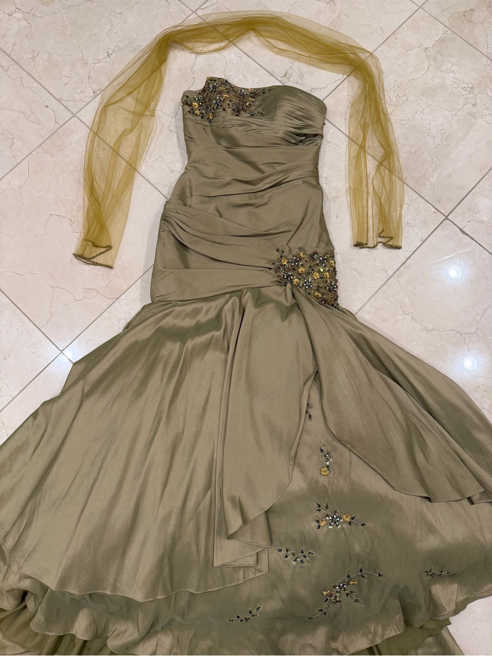 Terani Couture Olive Strapless Mermaid Gown with Embellished Accents